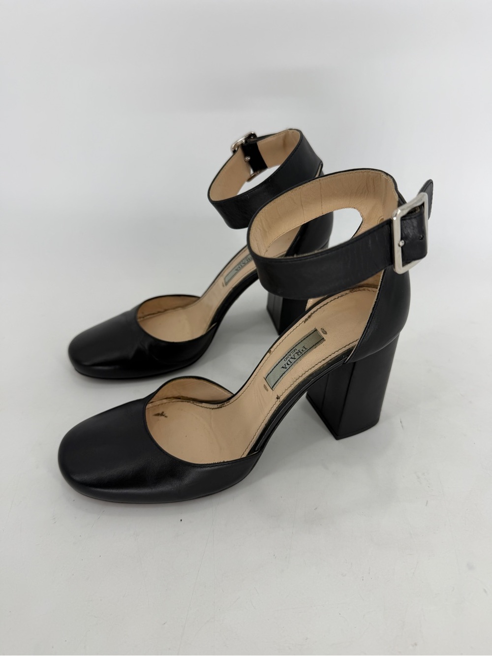 Prada Classic Black Leather Ankle Strap Pumps Size 37